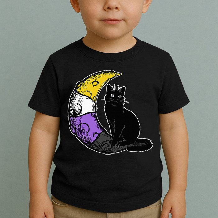 Nonbinary Moon Space Cat LGBT Pride With NB Non Binary Flag Toddler T-Shirt