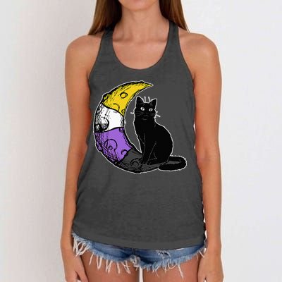 Nonbinary Moon Space Cat LGBT Pride With NB Non Binary Flag Women's Knotted Racerback Tank