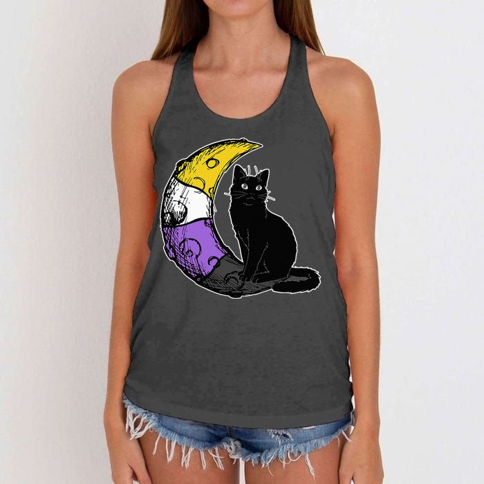 Nonbinary Moon Space Cat LGBT Pride With NB Non Binary Flag Women's Knotted Racerback Tank