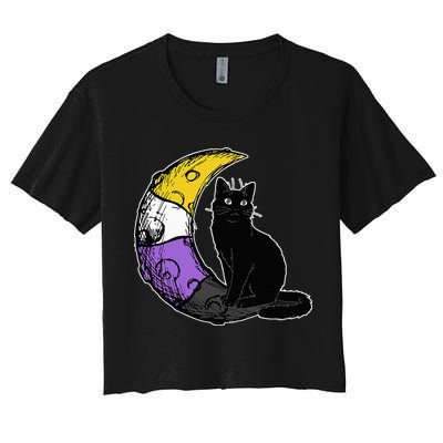 Nonbinary Moon Space Cat LGBT Pride With NB Non Binary Flag Crop Top