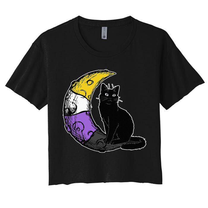 Nonbinary Moon Space Cat LGBT Pride With NB Non Binary Flag Crop Top