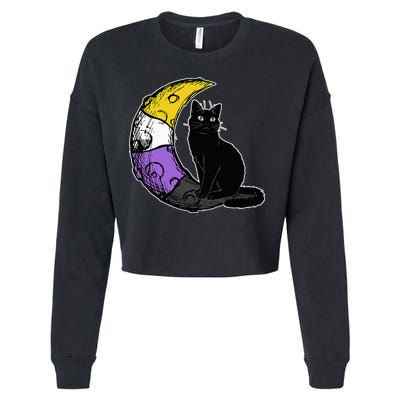 Nonbinary Moon Space Cat LGBT Pride With NB Non Binary Flag Cropped Pullover Crew