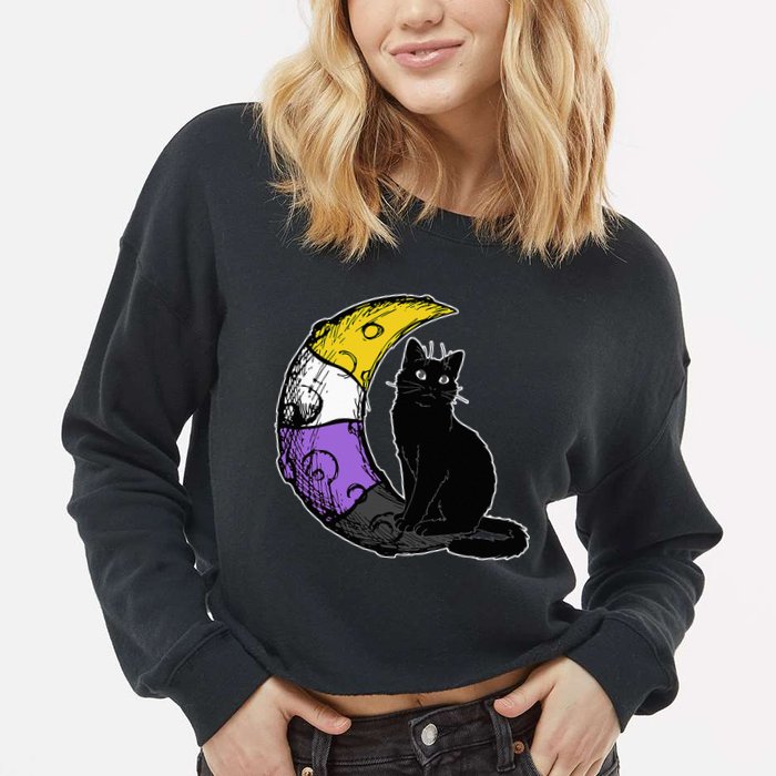 Nonbinary Moon Space Cat LGBT Pride With NB Non Binary Flag Cropped Pullover Crew