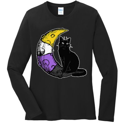 Nonbinary Moon Space Cat LGBT Pride With NB Non Binary Flag Ladies Long Sleeve Shirt