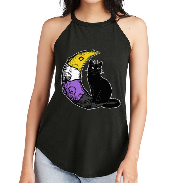 Nonbinary Moon Space Cat LGBT Pride With NB Non Binary Flag Women's Perfect Tri Rocker Tank