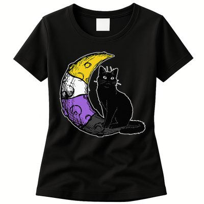 Nonbinary Moon Space Cat LGBT Pride With NB Non Binary Flag Womens T-Shirt