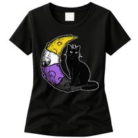 Nonbinary Moon Space Cat LGBT Pride With NB Non Binary Flag Womens T-Shirt