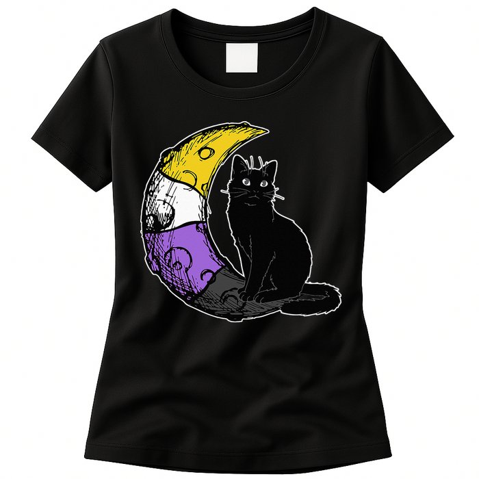 Nonbinary Moon Space Cat LGBT Pride With NB Non Binary Flag Womens T-Shirt