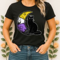 Nonbinary Moon Space Cat LGBT Pride With NB Non Binary Flag Womens T-Shirt