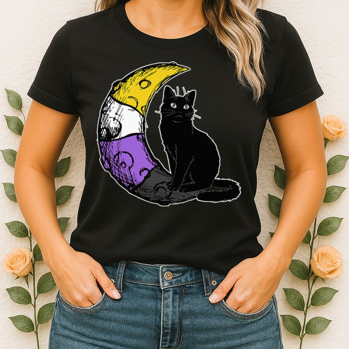 Nonbinary Moon Space Cat LGBT Pride With NB Non Binary Flag Womens T-Shirt