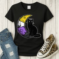Nonbinary Moon Space Cat LGBT Pride With NB Non Binary Flag Womens T-Shirt