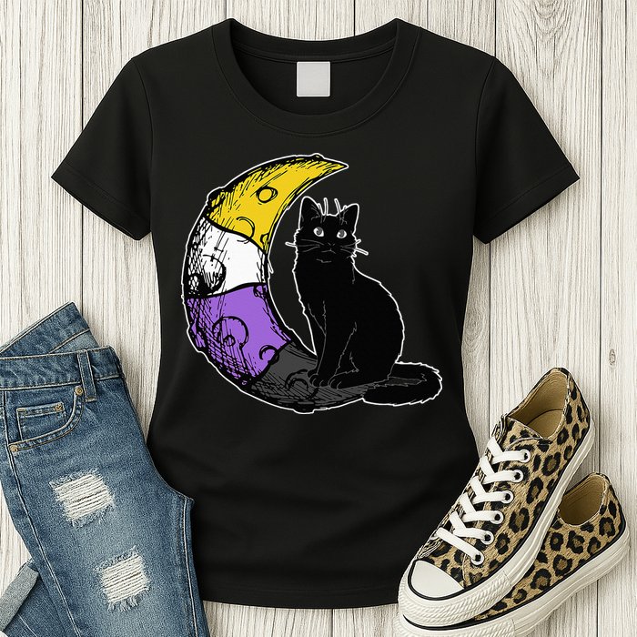 Nonbinary Moon Space Cat LGBT Pride With NB Non Binary Flag Womens T-Shirt