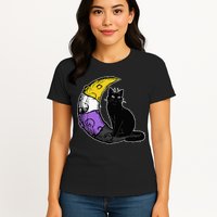 Nonbinary Moon Space Cat LGBT Pride With NB Non Binary Flag Womens T-Shirt
