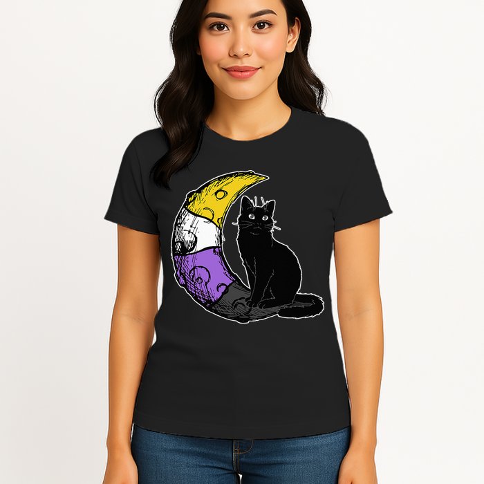 Nonbinary Moon Space Cat LGBT Pride With NB Non Binary Flag Womens T-Shirt