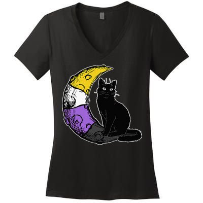 Nonbinary Moon Space Cat LGBT Pride With NB Non Binary Flag Women's V-Neck T-Shirt