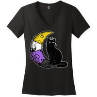 Nonbinary Moon Space Cat LGBT Pride With NB Non Binary Flag Women's V-Neck T-Shirt