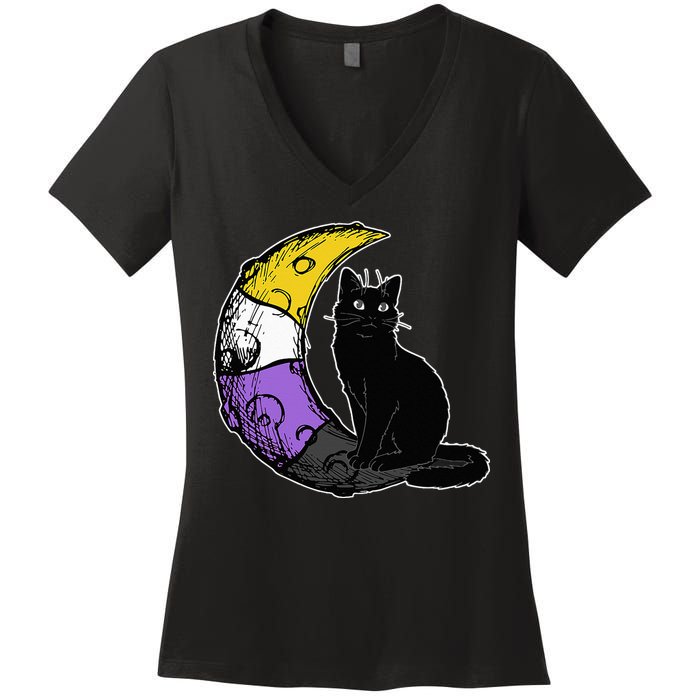 Nonbinary Moon Space Cat LGBT Pride With NB Non Binary Flag Women's V-Neck T-Shirt