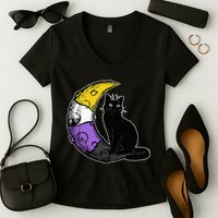 Nonbinary Moon Space Cat LGBT Pride With NB Non Binary Flag Women's V-Neck T-Shirt