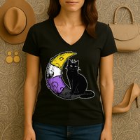 Nonbinary Moon Space Cat LGBT Pride With NB Non Binary Flag Women's V-Neck T-Shirt