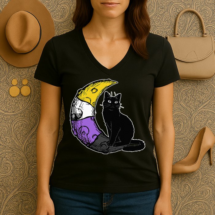 Nonbinary Moon Space Cat LGBT Pride With NB Non Binary Flag Women's V-Neck T-Shirt