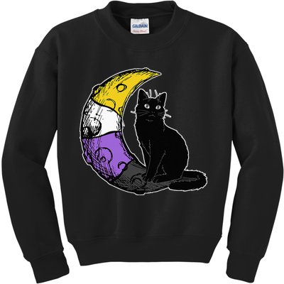 Nonbinary Moon Space Cat LGBT Pride With NB Non Binary Flag Kids Sweatshirt
