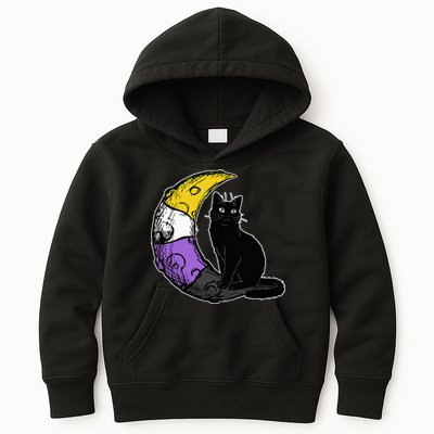 Nonbinary Moon Space Cat LGBT Pride With NB Non Binary Flag Kids Hoodie