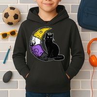 Nonbinary Moon Space Cat LGBT Pride With NB Non Binary Flag Kids Hoodie