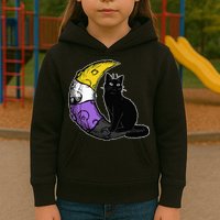 Nonbinary Moon Space Cat LGBT Pride With NB Non Binary Flag Kids Hoodie