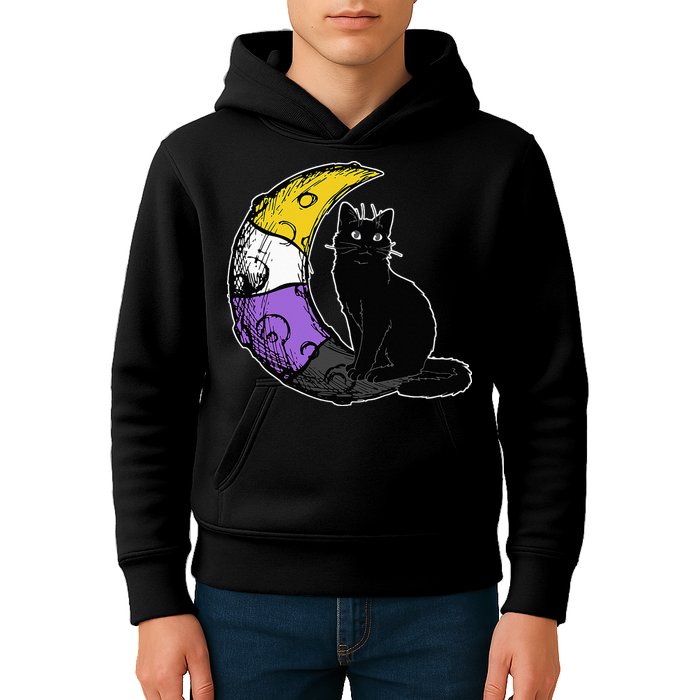 Nonbinary Moon Space Cat LGBT Pride With NB Non Binary Flag Kids Hoodie