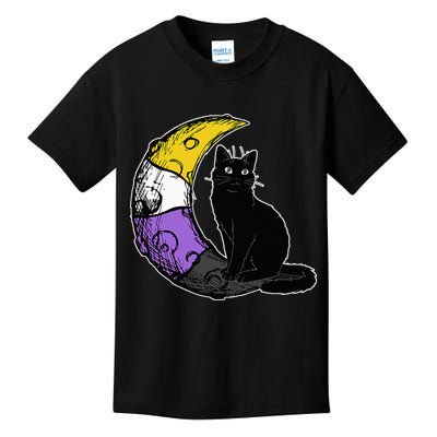 Nonbinary Moon Space Cat LGBT Pride With NB Non Binary Flag Kids T-Shirt