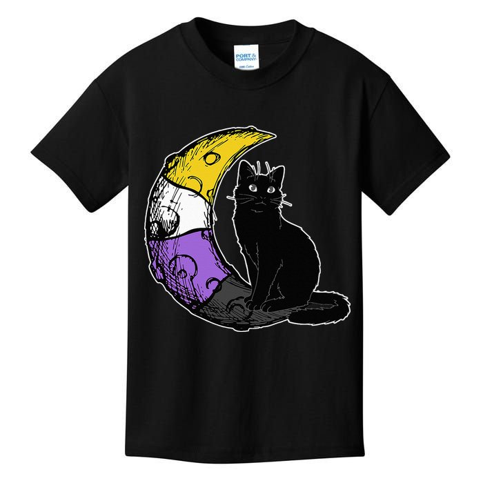 Nonbinary Moon Space Cat LGBT Pride With NB Non Binary Flag Kids T-Shirt