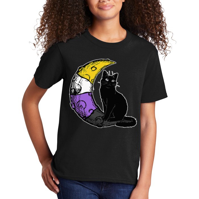 Nonbinary Moon Space Cat LGBT Pride With NB Non Binary Flag Kids T-Shirt