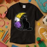 Nonbinary Moon Space Cat LGBT Pride With NB Non Binary Flag Kids T-Shirt