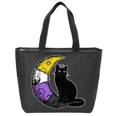 Nonbinary Moon Space Cat LGBT Pride With NB Non Binary Flag Zip Tote Bag