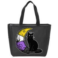 Nonbinary Moon Space Cat LGBT Pride With NB Non Binary Flag Zip Tote Bag
