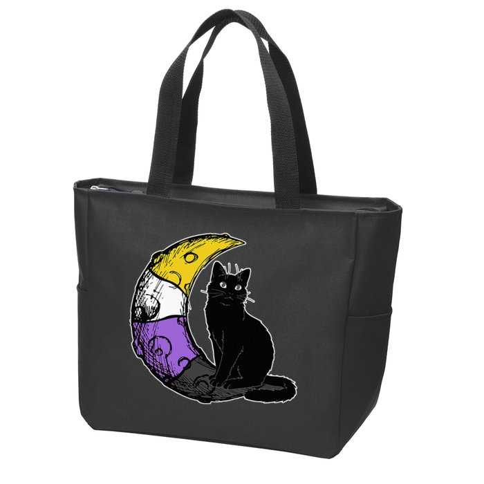 Nonbinary Moon Space Cat LGBT Pride With NB Non Binary Flag Zip Tote Bag