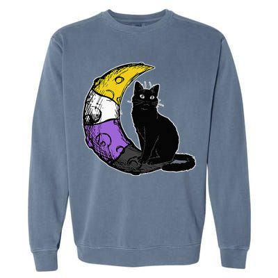 Nonbinary Moon Space Cat LGBT Pride With NB Non Binary Flag Garment-Dyed Sweatshirt