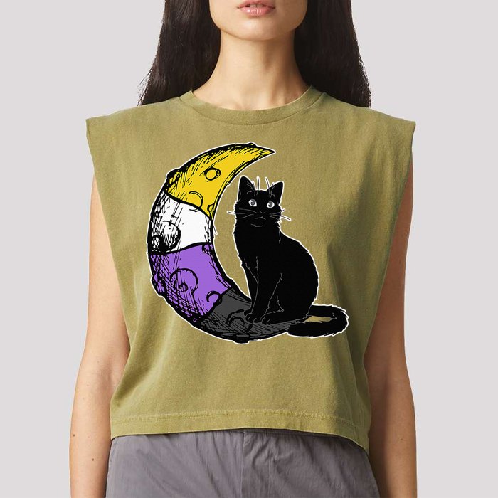Nonbinary Moon Space Cat LGBT Pride With NB Non Binary Flag Garment-Dyed Women's Muscle Tee