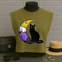 Nonbinary Moon Space Cat LGBT Pride With NB Non Binary Flag Garment-Dyed Women's Muscle Tee