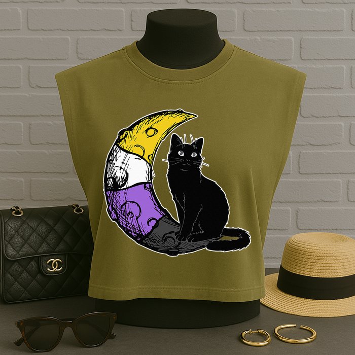 Nonbinary Moon Space Cat LGBT Pride With NB Non Binary Flag Garment-Dyed Women's Muscle Tee