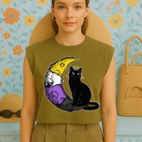 Nonbinary Moon Space Cat LGBT Pride With NB Non Binary Flag Garment-Dyed Women's Muscle Tee