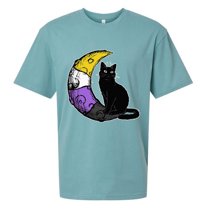 Nonbinary Moon Space Cat LGBT Pride With NB Non Binary Flag Sueded Cloud Jersey T-Shirt