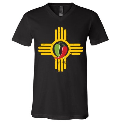 New Mexico Southwest Zia With Red And Green Chile V-Neck T-Shirt