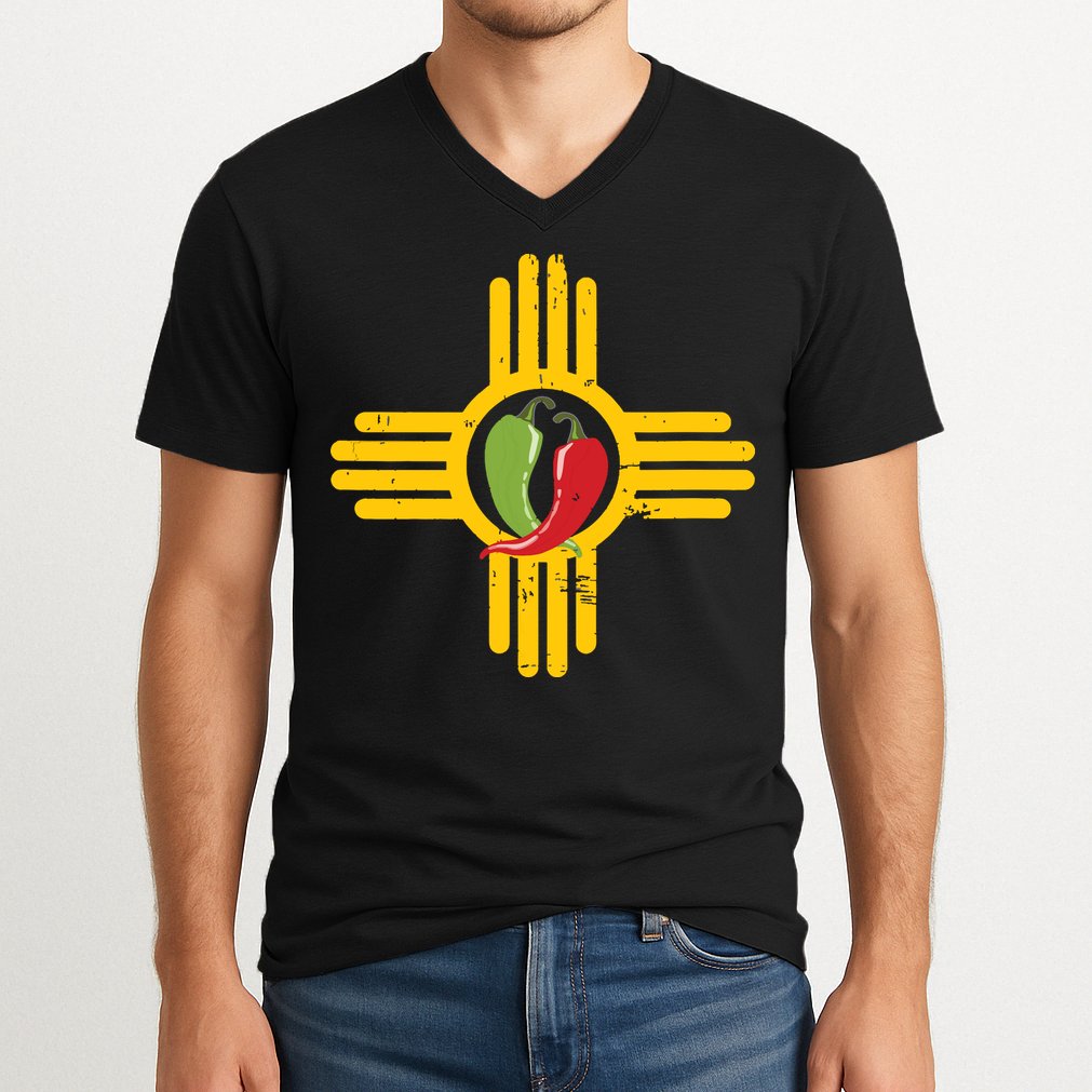 New Mexico Southwest Zia With Red And Green Chile V-Neck T-Shirt