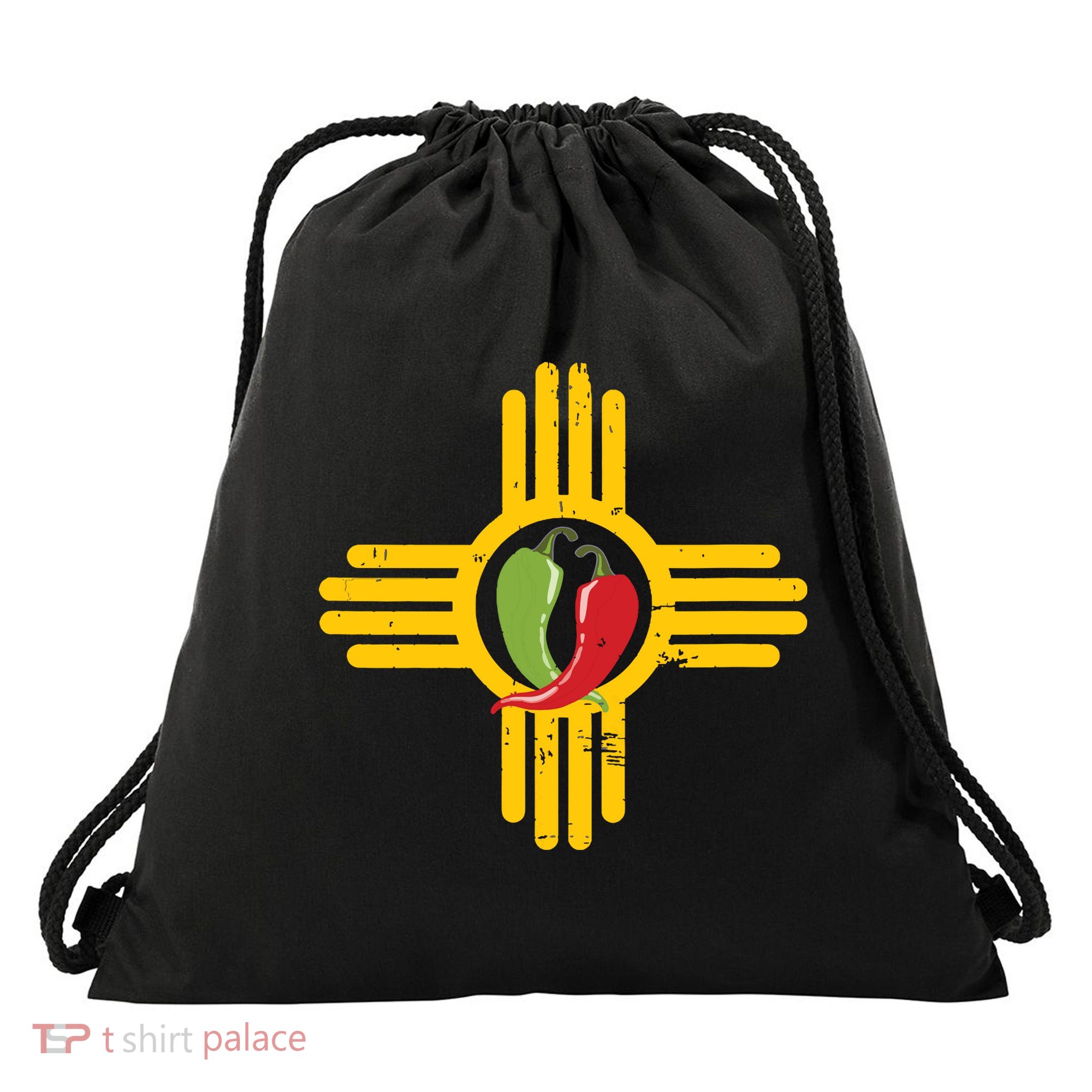 New Mexico Southwest Zia With Red And Green Chile Drawstring Bag