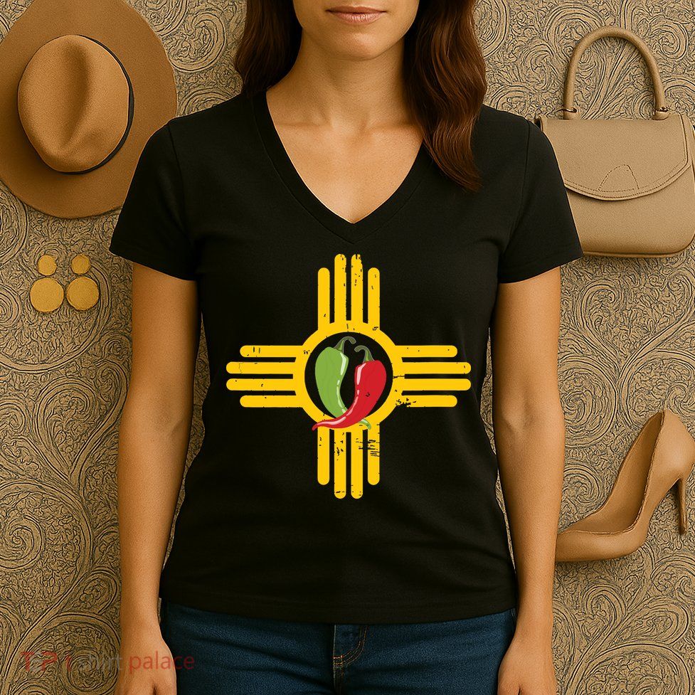 New Mexico Southwest Zia With Red And Green Chile Women's V-Neck T-Shirt