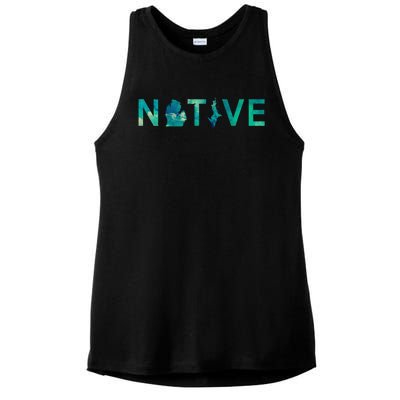 Native Michigander State Map Letter Green Watercolor Art Fan Great Gift Ladies PosiCharge Tri-Blend Wicking Tank