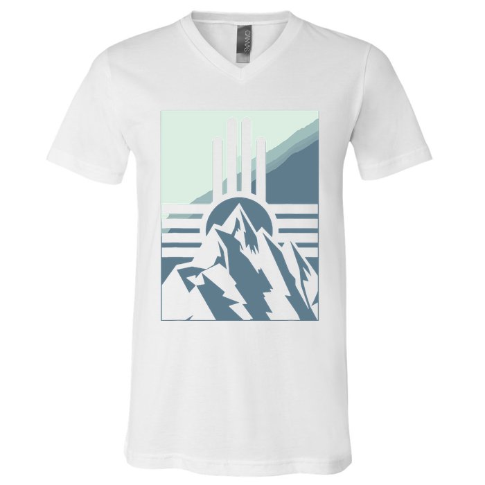 New Mexico State Zia Symbol And Mountains Graphic Design V-Neck T-Shirt