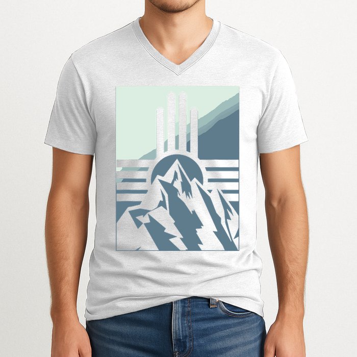 New Mexico State Zia Symbol And Mountains Graphic Design V-Neck T-Shirt