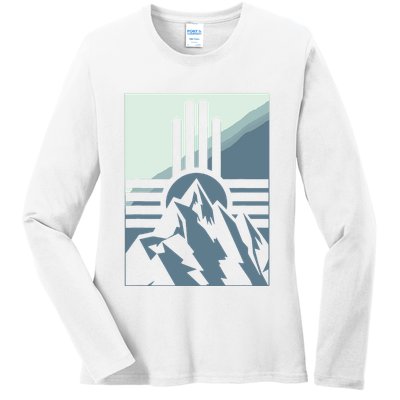 New Mexico State Zia Symbol And Mountains Graphic Design Ladies Long Sleeve Shirt